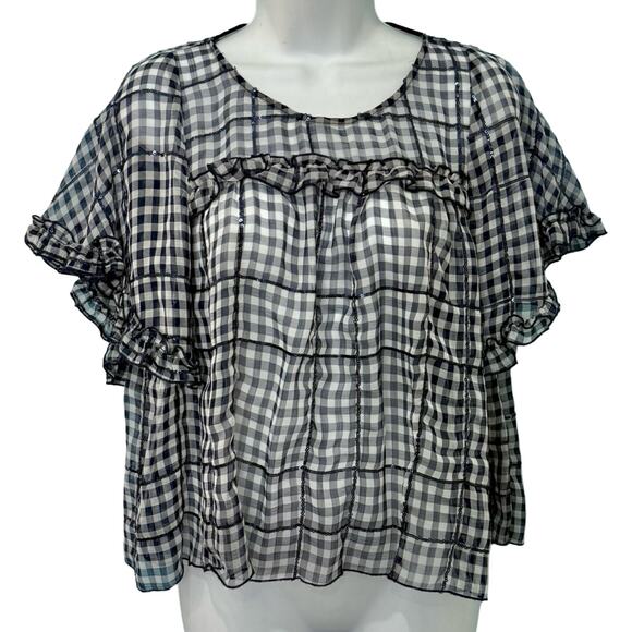 Zara Navy Blue White Gingham Sequin Flutter Sleeve Sheer Peplum Blouse size M - Picture 2 of 10